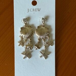 J Crew Seashell and Starfish Dangly Gold Earrings NEW